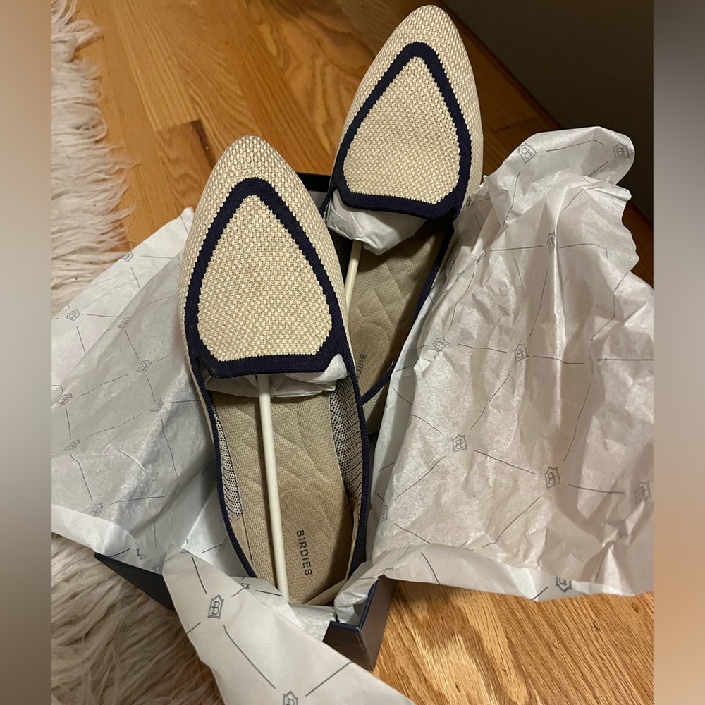 Birdies Blackbird Eggshell Womens 9 Navy Knit Point Toe Slip On Flats Shoes